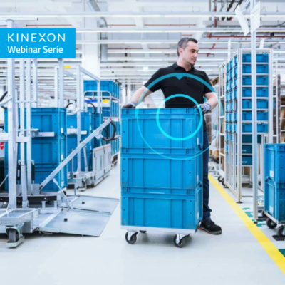 Kinexon Webinar Man with multiple containers in warehouse