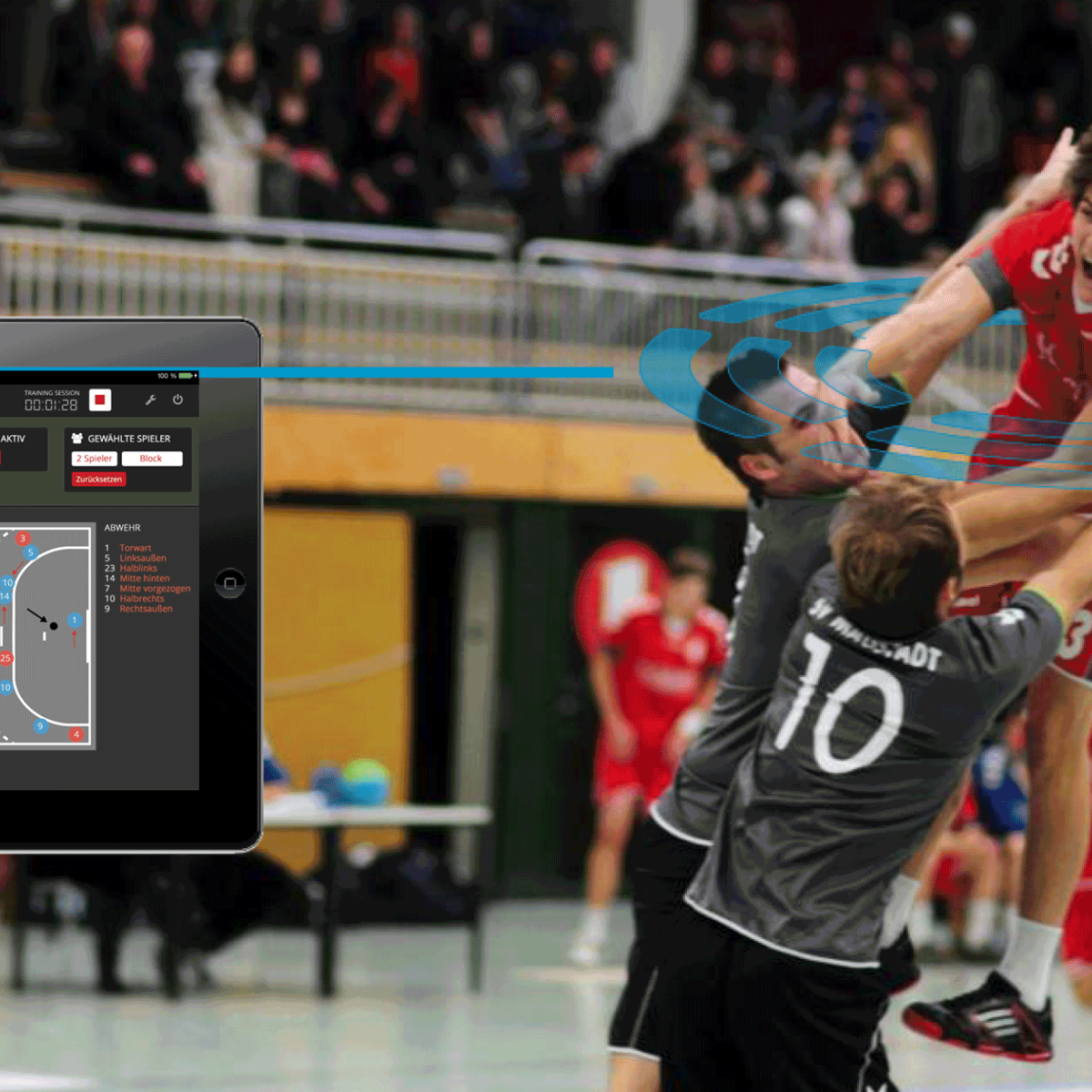 Handball Zweikampf mit Kinexon Statistik Overlay