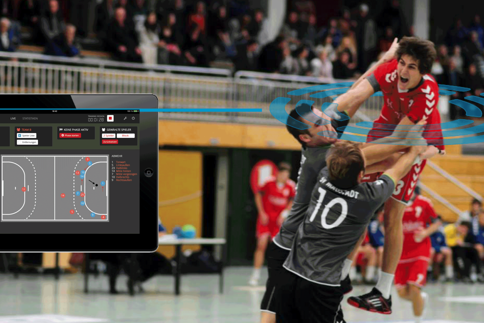 Handball Zweikampf mit Kinexon Statistik Overlay