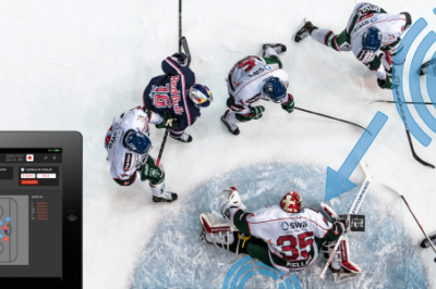 Ice Hockey defend scene in bird view with app