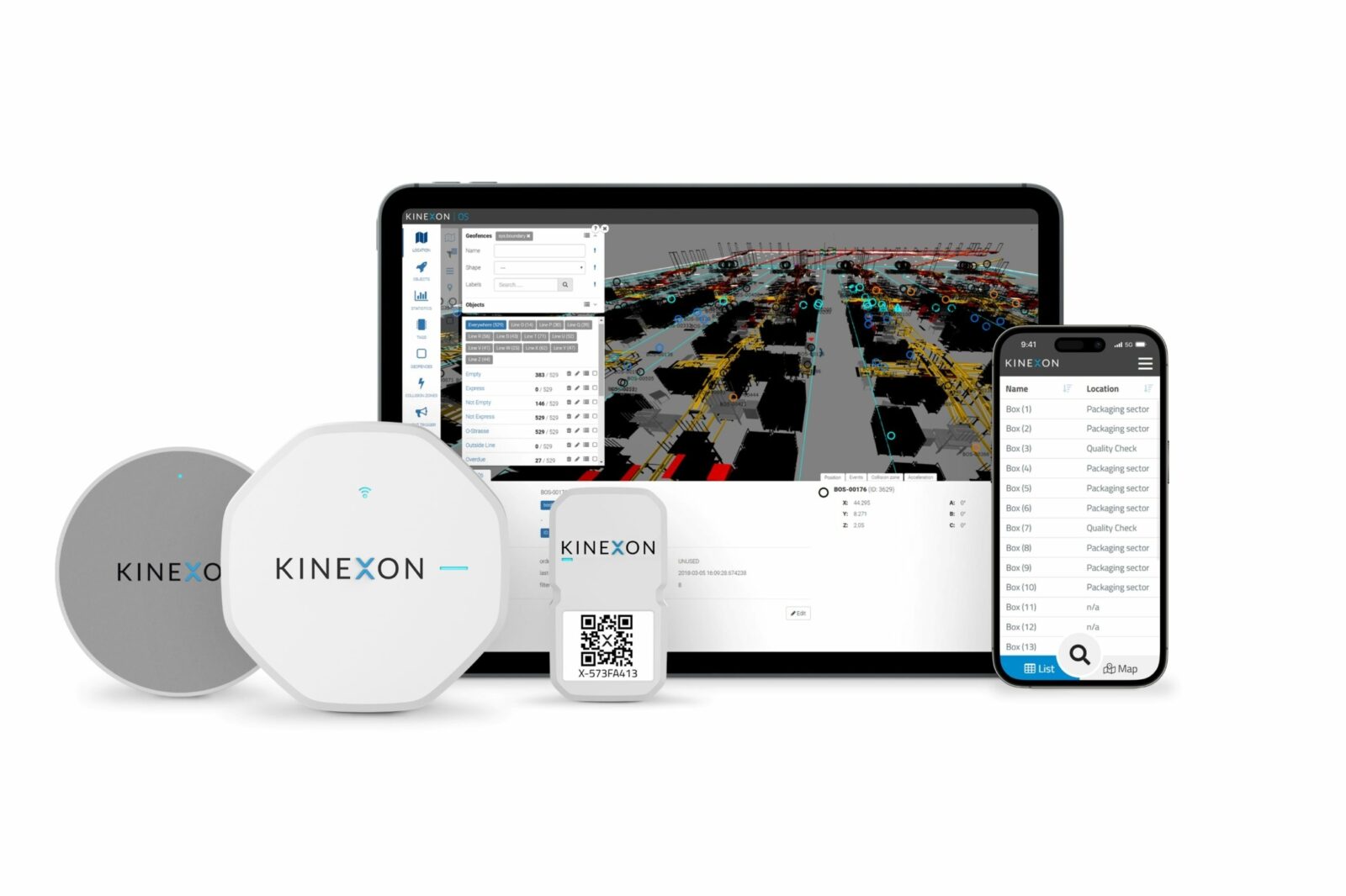A overview of the KINEXON Mesh Product family including trackers, tags, sensors a tablet and smartphone.