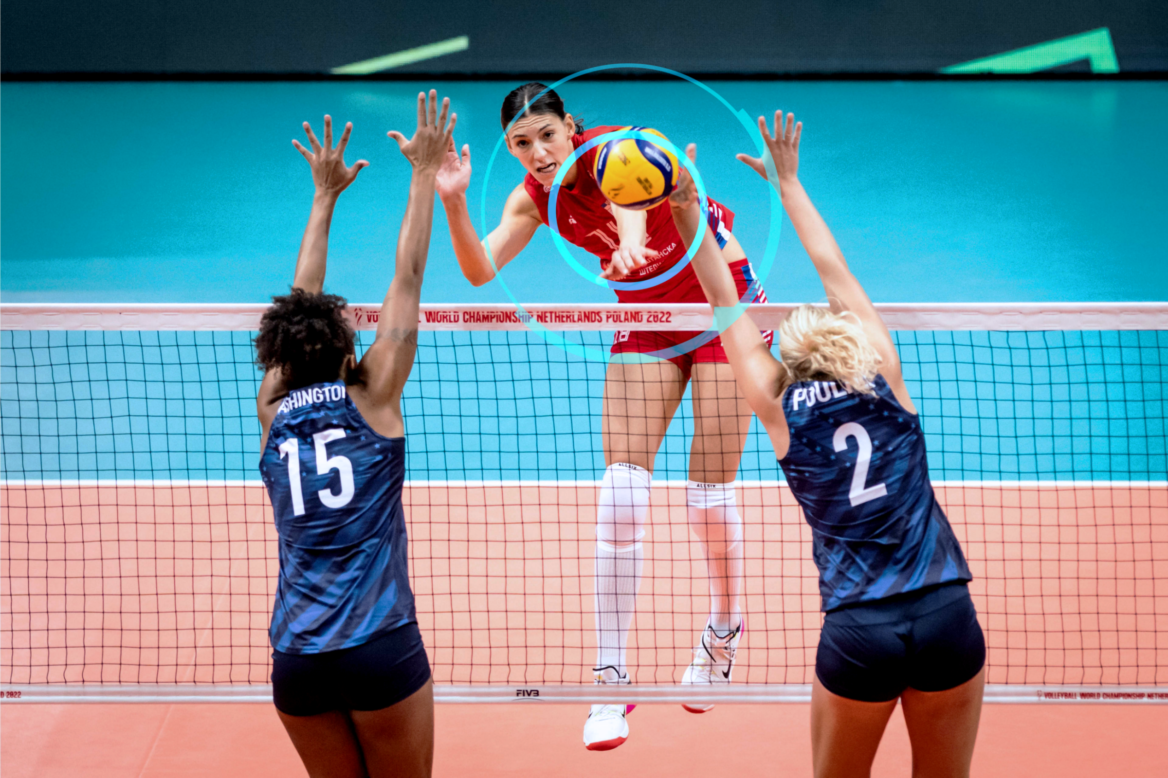 A women's volleyball player spikes the ball while a player tracking device keeps a record of how hard her body is working.