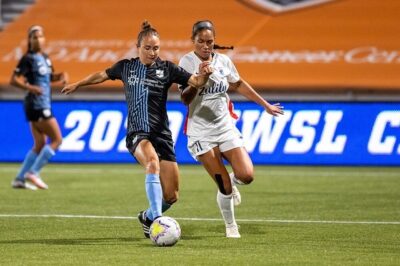 Two players battle for the ball, which can also be fitted with a soccer tracker to help the referees make the correct call every time.